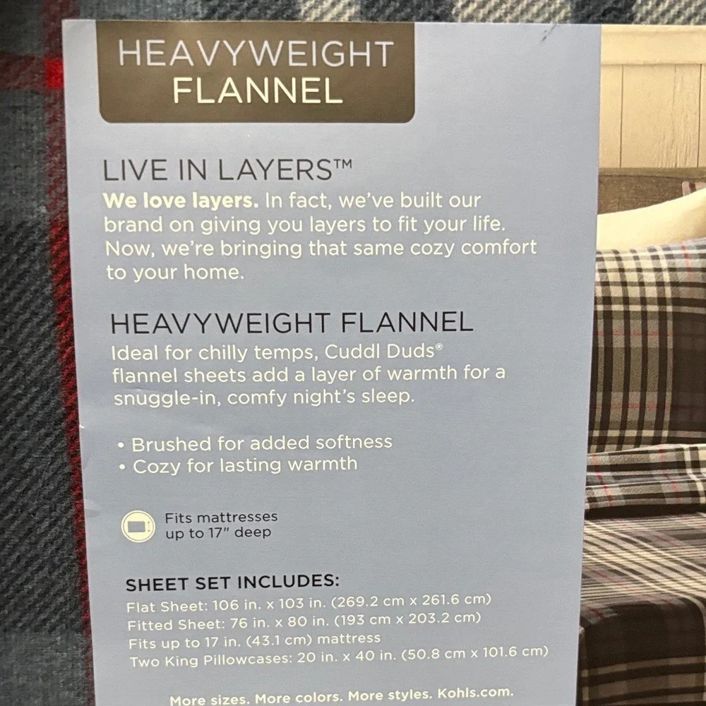 Cuddl Duds Blue and Red Plaid Flannel King Sheet Set Winter Fall GIFT NWT